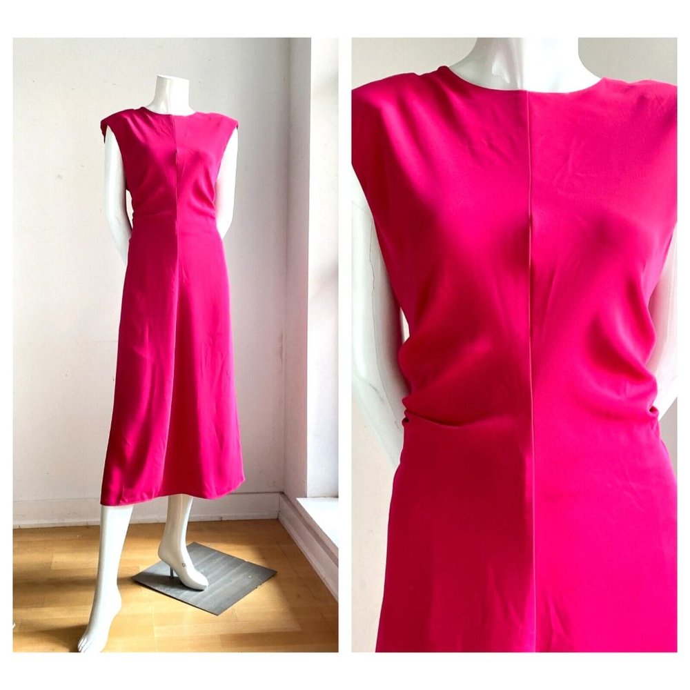 NWT Mango Raspberry Pink Recycled Polyester Padded Shoulder Ruched Dress L